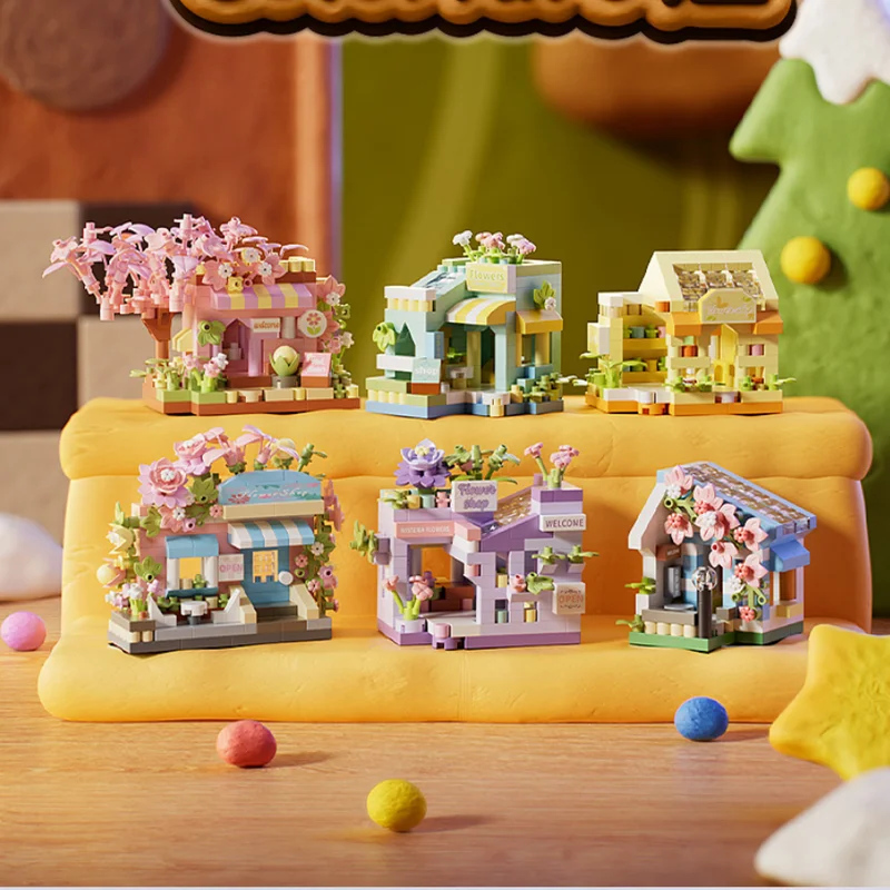 Mini escena de calle, cuento de hadas, ciudad, sol, tienda de flores, casa, adornos arquitectónicos de micropartículas, bloques de construcción para niños