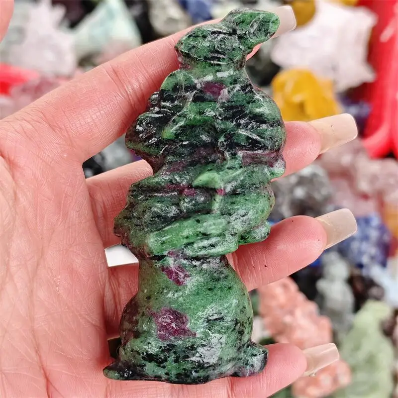 Natural Ruby In Zoisite Three Rabbits Carving Crystal Healing Reiki Halloween Gift Festival For Decoration 1pcs