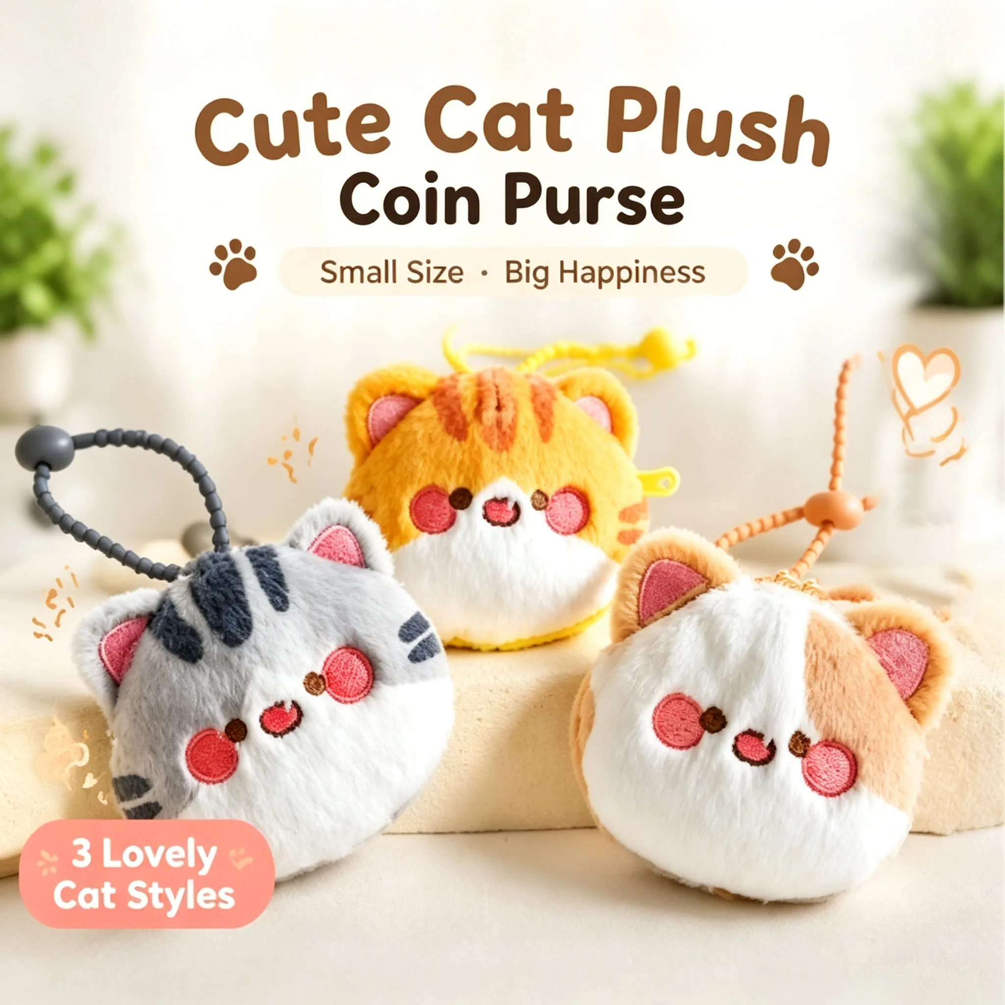 Lovely Cat Face Plush Coin Purse Mini Storage Pouch Zipper Earbud Holder Bag Charm Key Ornament for Teens Women Holiday Gift