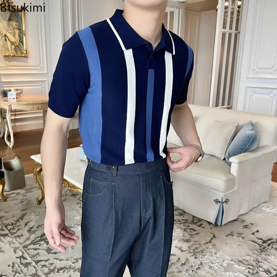 Summer New Men's Fashion Polo Shirts Striped Splice Design Men Short Sleeve Casual T-shirts Breathable Versatile Men Simple Tops