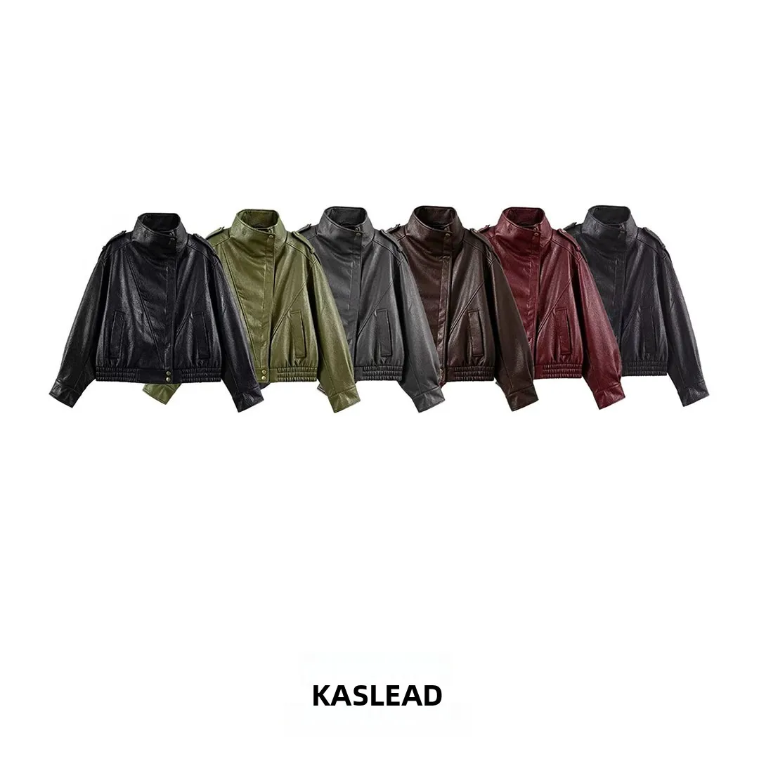 KASLEAD New Women's Fashion Versatile Faux Leather Pilot Jacket Coat Short Sleeve Zipper Closure Polyester Fiber 100%
