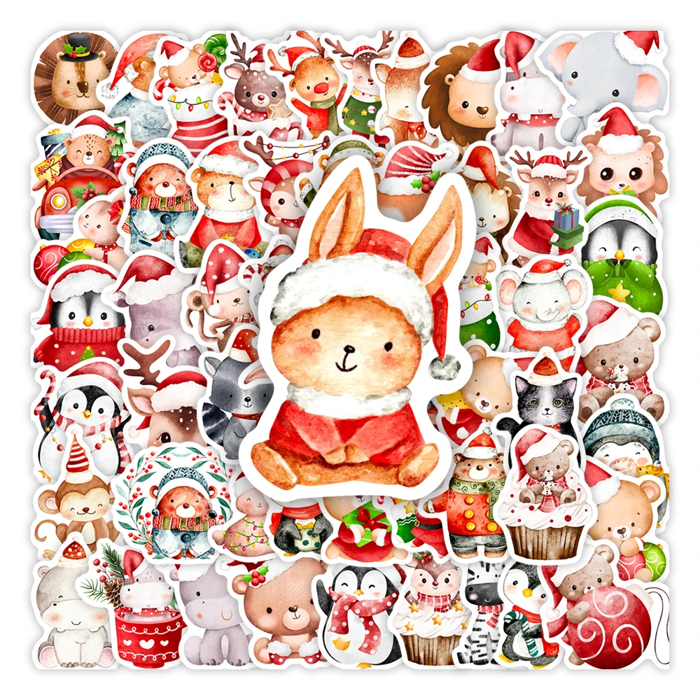 Fun Cartoon Christmas Animals Stickers Cute Bear Moose Penguin for DIY Crafts Kids Gift Toys Waterproof Decal Luggage Decorative