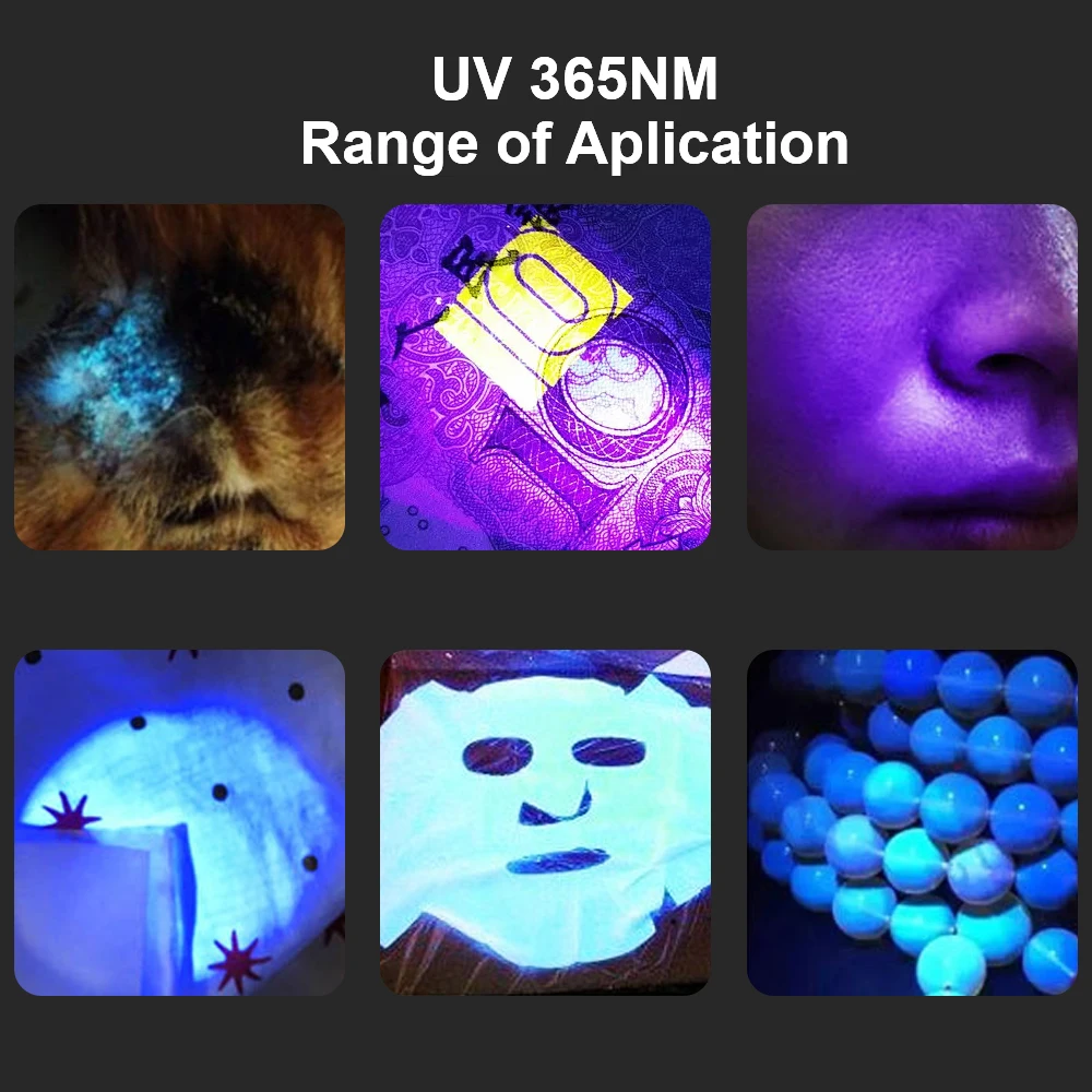 ไฟฉาย UV USB ชาร์จซ้ำได้สำหรับสัตว์เลี้ยงในปัสสาวะมีไฟฉายอัลตร้าไวโอเล็ตสำหรับแมวเครื่องตรวจจับแมงป่องแร่เงิน3W 365nm SV57สีดำ