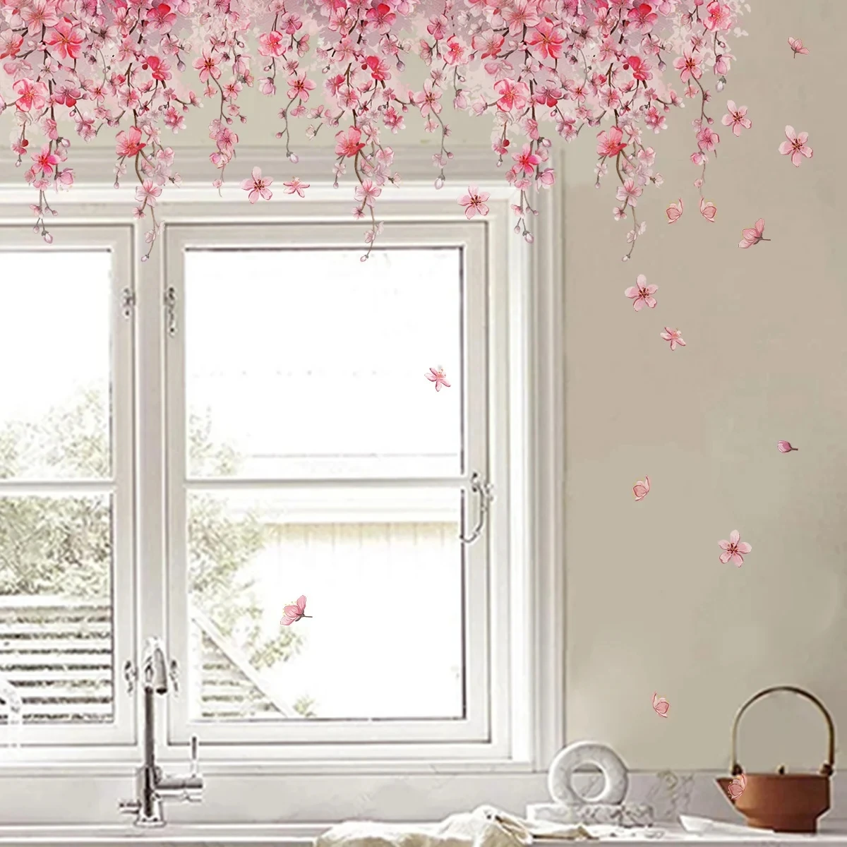 1pc Pink Flower Vine Cherry Blossom Wall Sticker For Living Room Bedroom Home Decor