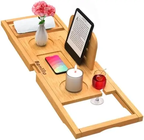 

Premium Bamboo Bath Caddy Tray – Fits Most Tubs, Expandable Tub Tray for Spa & Bath Essentials