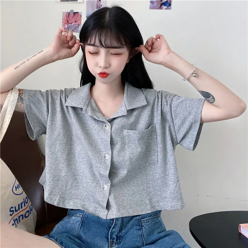 

Blouses Women Retro Solid Chic Single Breasted Basic White Teens Crop Top Loose Casual All-match Summer Lovely Girls Blouse Tops