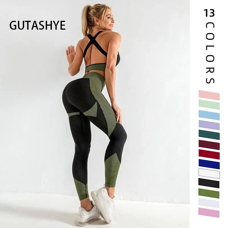 

Gutashye 2pcs Seamless Yoga Suit Sports Bra Shockproof Quick Dry Pants Set Breathable Fitness Suit Fitness Clothing