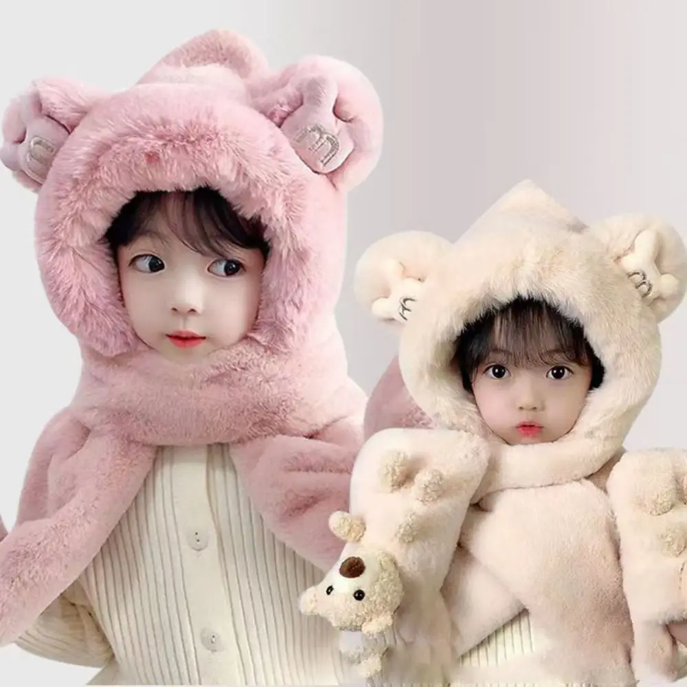 

Winter Thick Hats Scarf Gloves Set With Long Scarf Warm Winter Plush Hooded Windproof Fluffy 3-in-1 Soft Hat Toddler