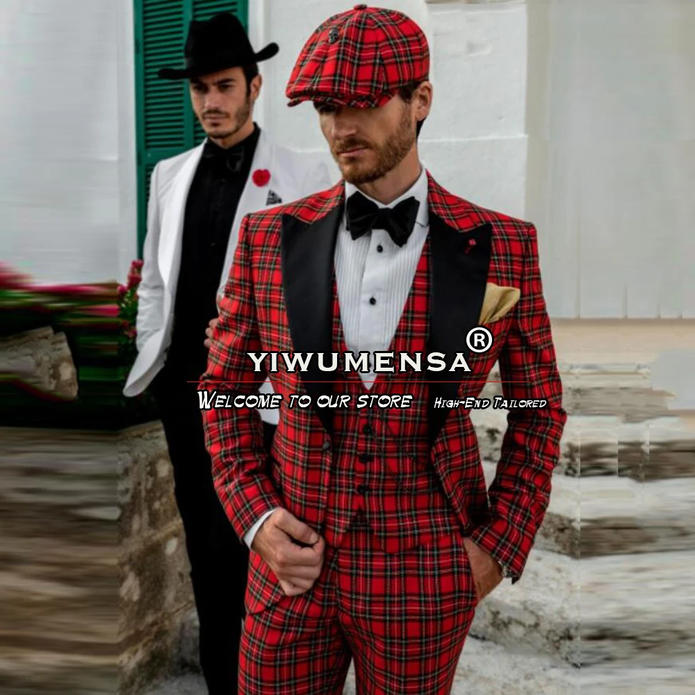 Modern Red Tartan Groom Suit Slim Fit Black Lapel Single Breasted 3 Pieces Men Wedding Tuxedos Customized Prom Blazer Sets 2025