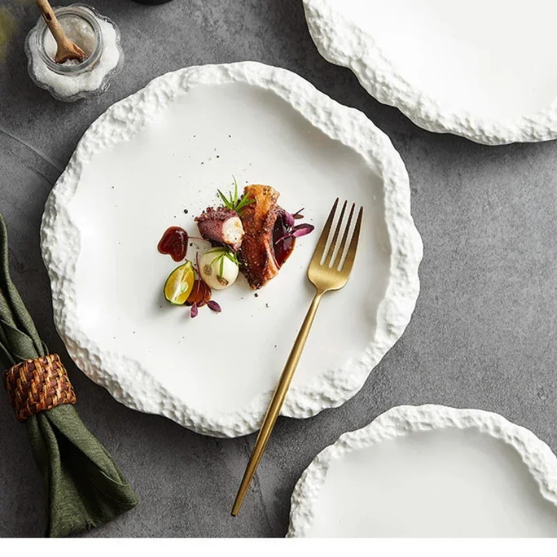 

Rock Patterned Plate Household Ceramic Flat Plates Main Dish Steak Salad Dishes Dessert Trays Creative Restaurant Home Tableware