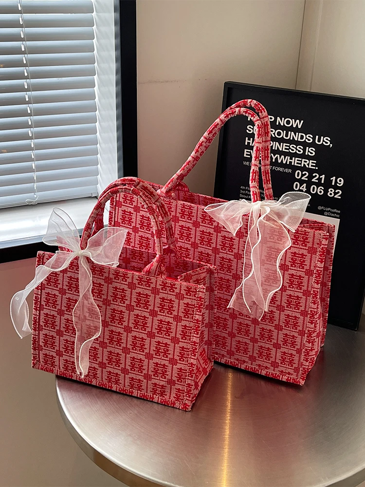 

Red Wedding Tote Bag New Chinese Style Women's Handbag Bridal Maidsmaid Bridesmaid Bag Soft Handle Medium Softness Summer 2024
