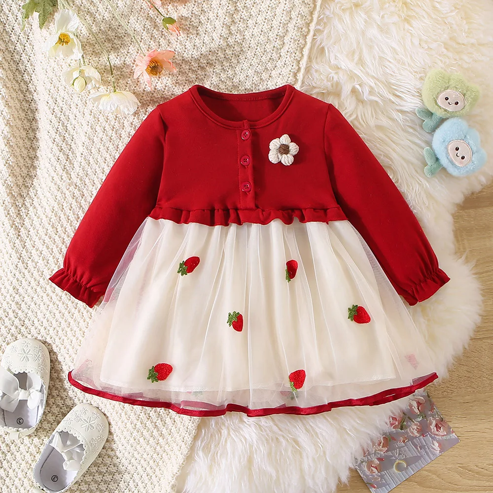 Spring and Autumn Girls\' Dress Baby Girls\' Solid Color Long Sleeve Top Spliced Strawberry Embroidery Mesh Dress