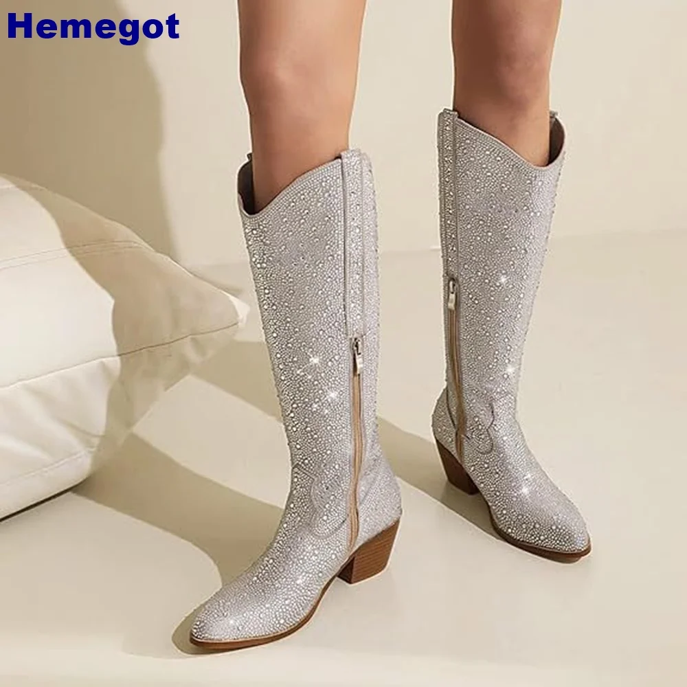

Crystal Bling Sexy Knee-High Boots Autumn Casual Thick High Heel Zip Fashion Boots Silver/gold Street Size 35-43 Women Shoes