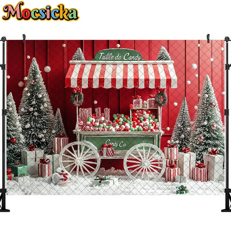 Mocsicka fondo de fotografía, carrito de tienda de dulces, árbol de Navidad, decoración de vacaciones, fondos de fotos para niños, accesorios de estudio