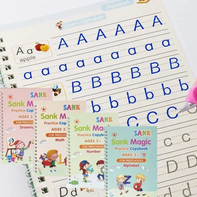 Copybook Inglês para Caligrafia, Magic Copy Book, Limpando Grátis, Caneta Infantil, Kids Writing Sticker, 4 Livros, Montessori