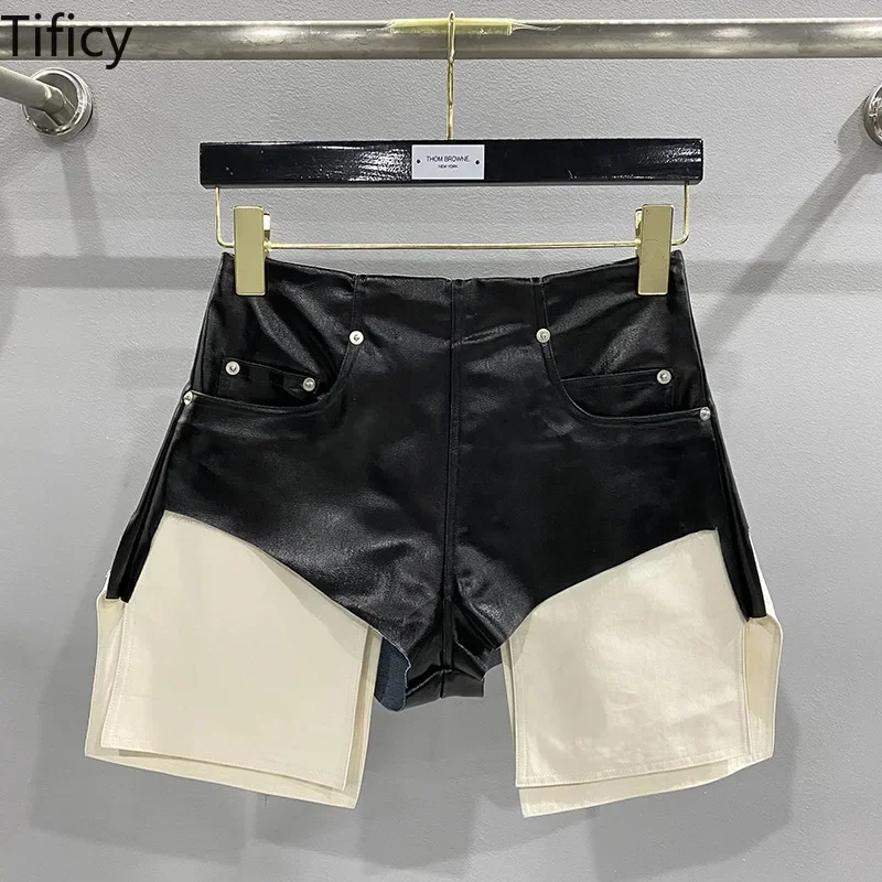 

TIFICY High Street Shorts Women's New High Waisted Zipper Shapewear Denim Coated Flat Corner Pocket Color Blocked Shorts