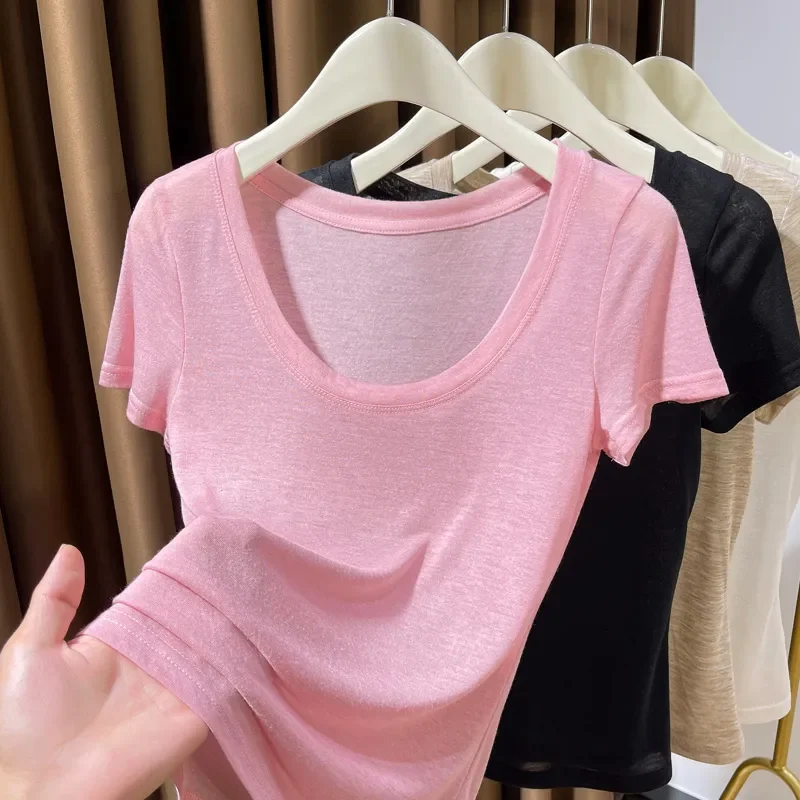 

Women's Basic Crew Neck Blouse Lightweight Short Sleeve Slim Fit Casual Daily Top