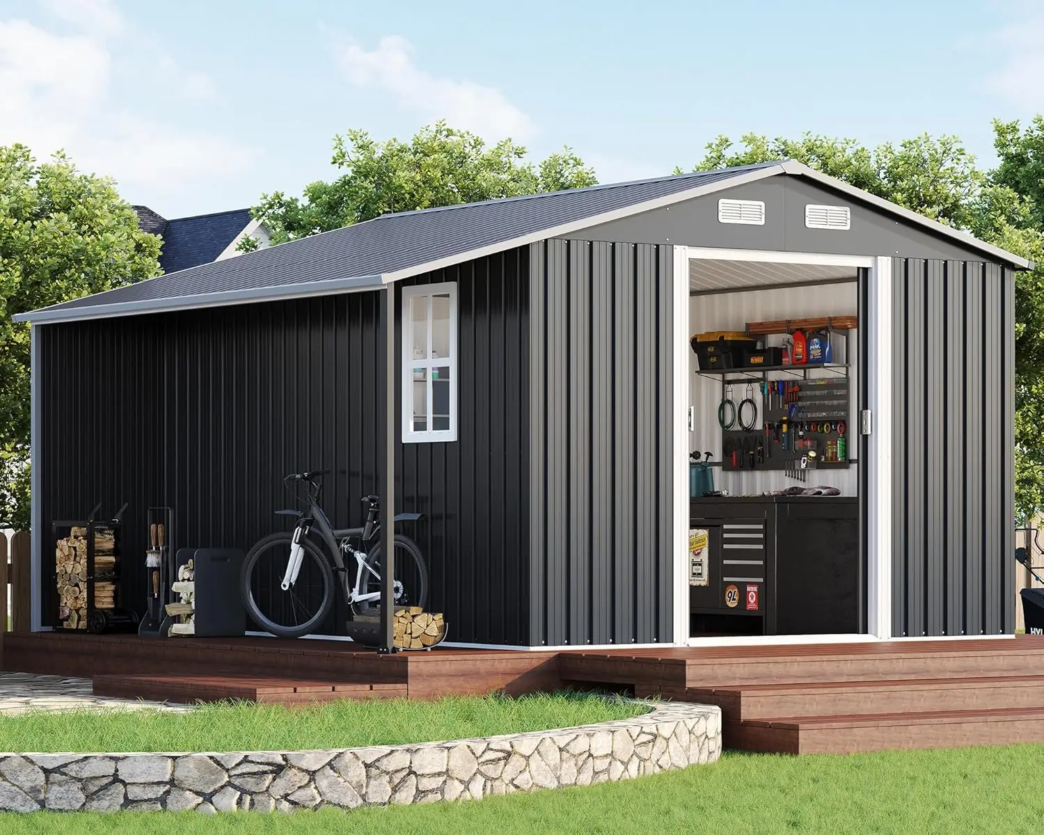 10.6x10.3x6.3 FT Galvanized Metal Storage Shed with Open Firewood Storage Area, Sliding Doors & Ramp, 2 Windows &, Customized