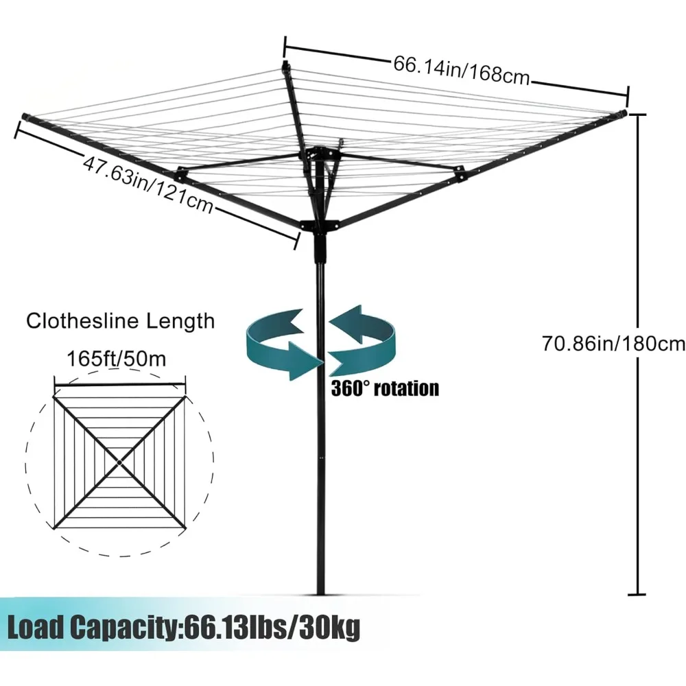 Rotary Outdoor Umbrella Drying Rack Umbrella Rotary Dryer Clothes Line Protective Cover 4 Arms with 165ft Clothesline Outdoor