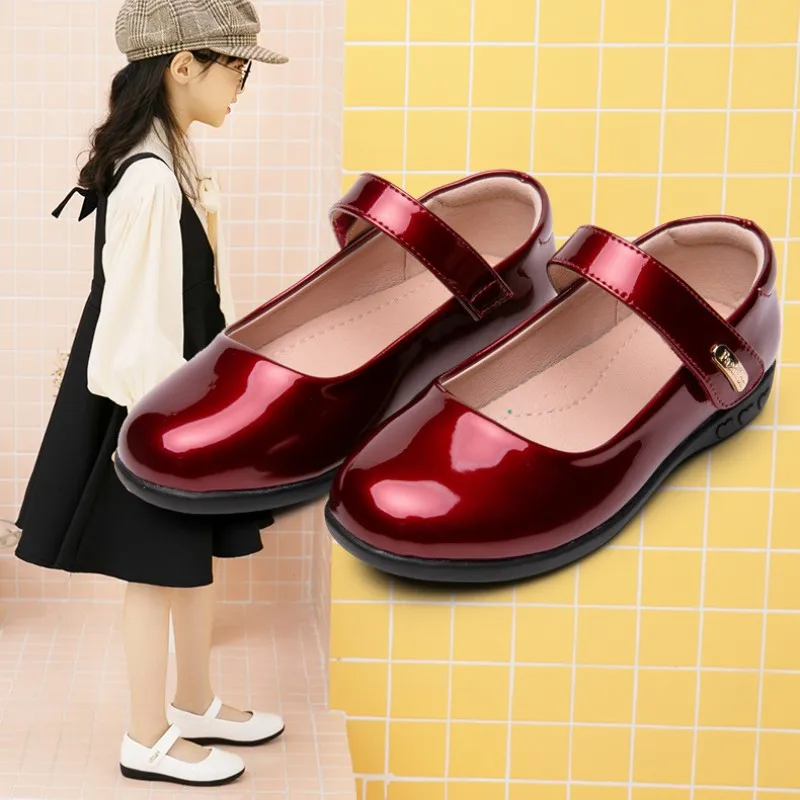 

School Black Leather Shoes White Red Kid Girls flower Princess Shoes Children's Student Dance Performance Shoes Chaussure Fille