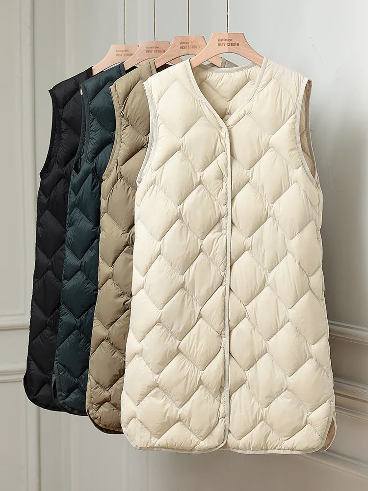 

Autumn Winter Women Warm Down Waistcoat Jacket Ultra Light White Duck Down Vest Parkas Lady Sleeveless Bigsize Long Tank Coat