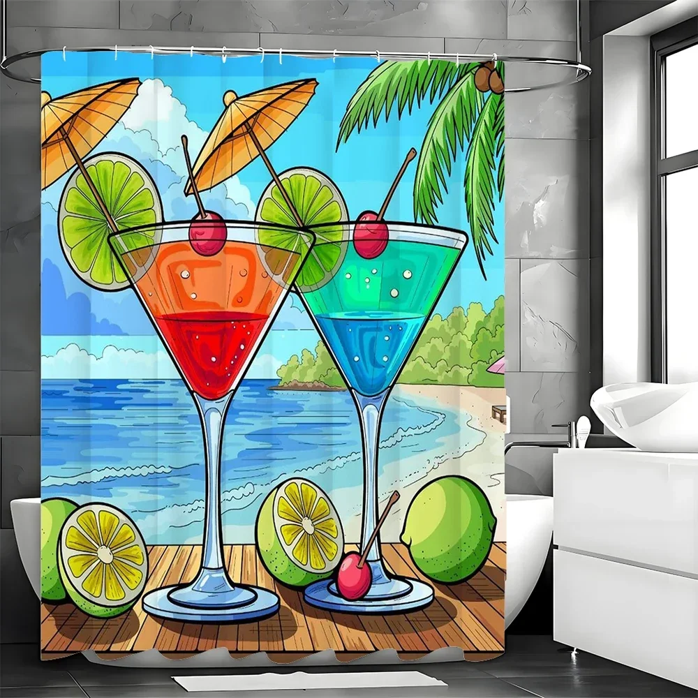 ~O~Cocktail Ocean Beach Shower Curtain, Bathroom Decorative Shower Curtain, Waterproof Shower Curtain with Hooks