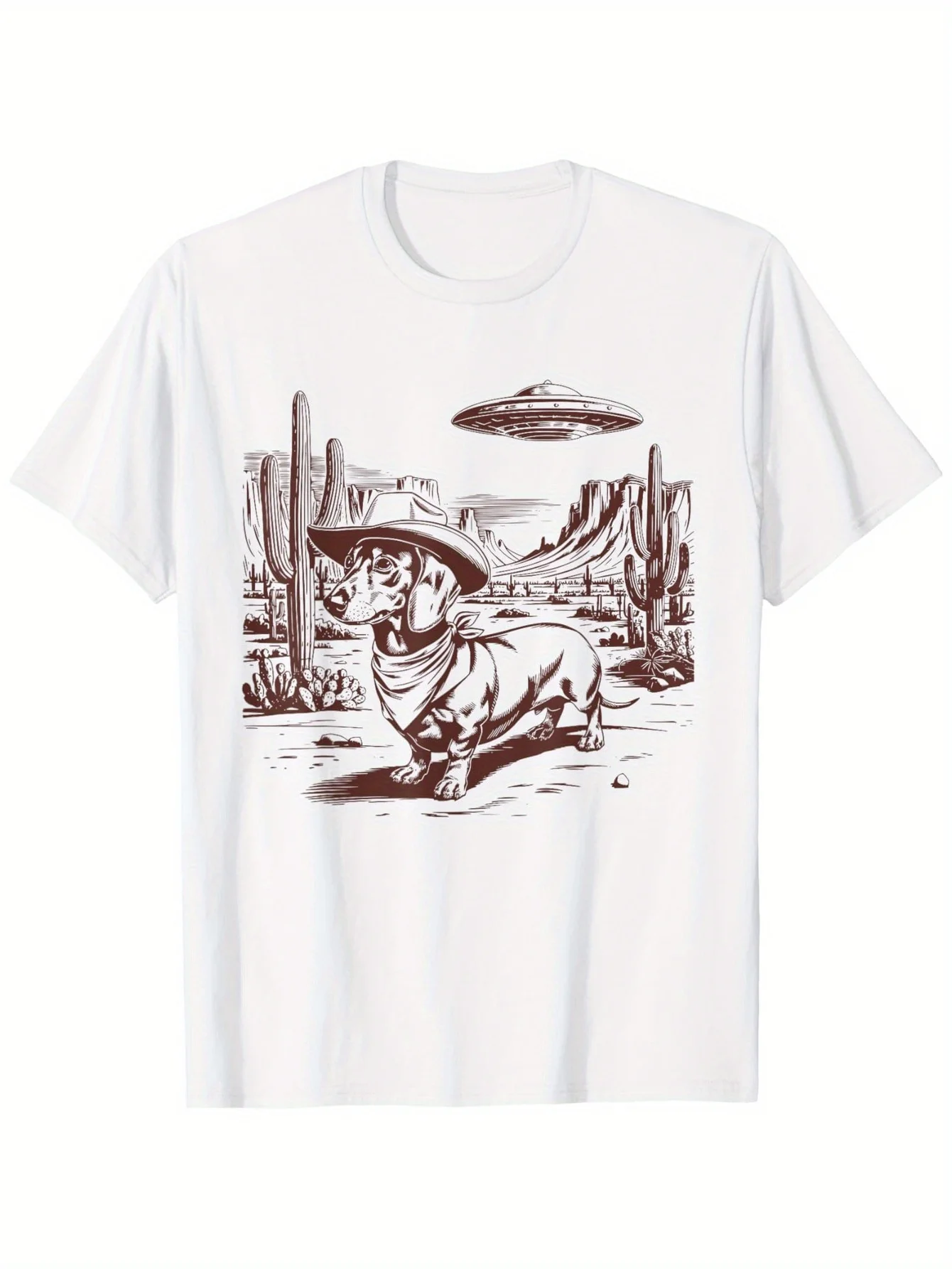 Dachshund UFO Western Vintage Alien 90s Retro Cowboy T-Shirt, Fashionable cotton men'S T-shirt, super soft, breathable, moisture