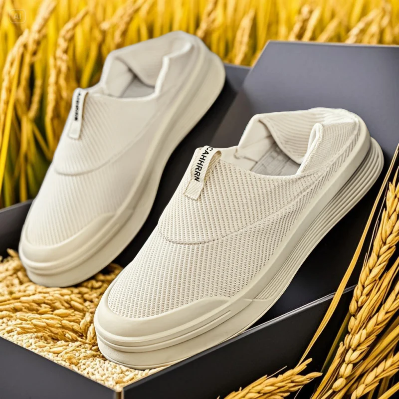 

2025Summer Breathable Comfortable High-Quality Vegan Rice Fragrance Style Slip-On Lazy Shoes Thick-Soled Men's Trendy Shoes39-44