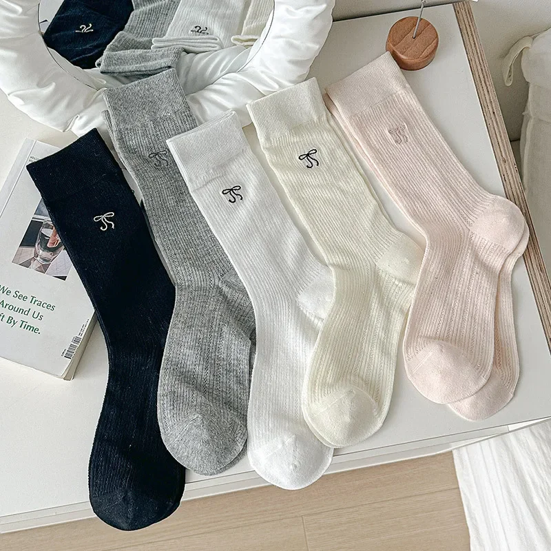 Cute Bow Embroidery Women Socks Hollow Out Mesh Breathable Long Socks Sweet Girls Kawaii Middle Tubes Socks Sox Black White Gray