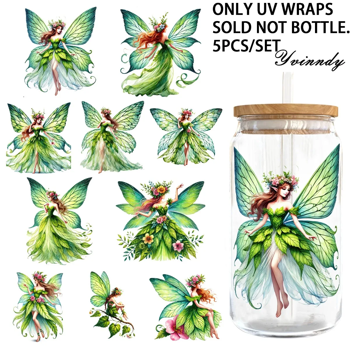 

Набор из 5 листов самоклеящейся бумаги для УФ-ДТФ-печати, 16 унций, с рисунком «Весенняя фея-цветок», для декорирования кружек