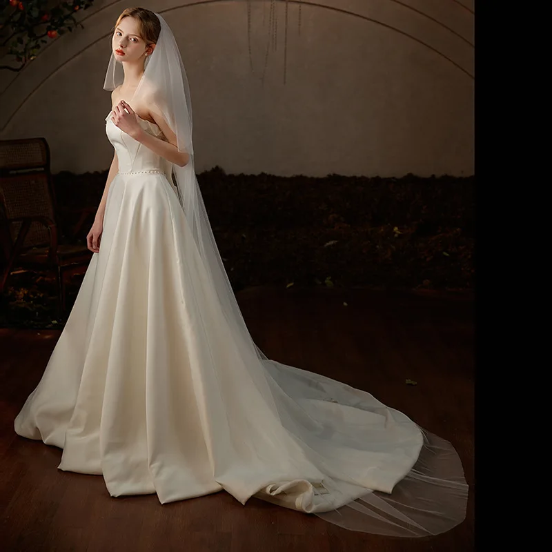v739-二層式シンプルブライダルウェディングベール、白いロングトレーリングベール（結婚式の写真撮影用）、顔を覆う柔らかいベール