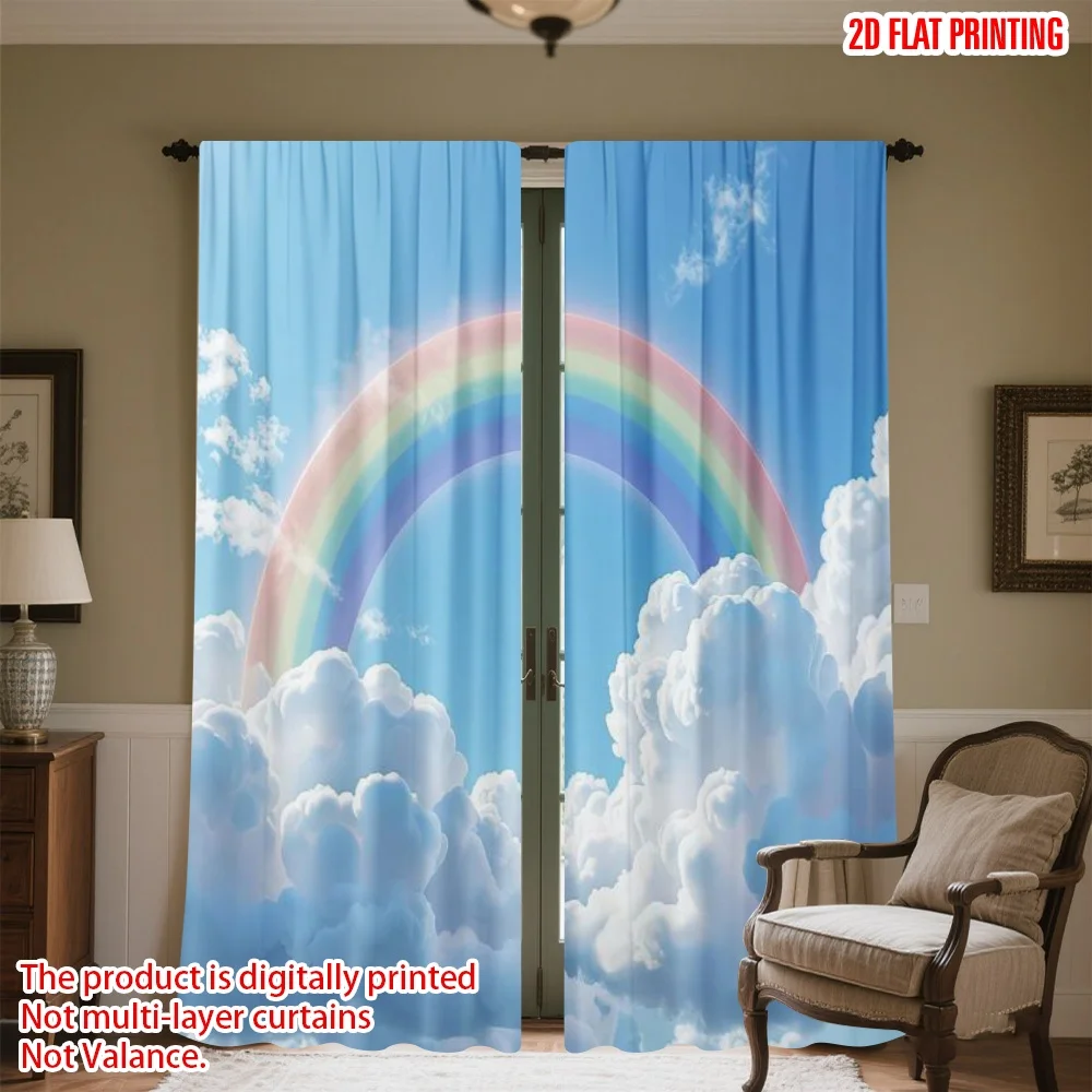 

2D flat printing 2pcs Party Curtain Rainbow Above Fluffy Clouds Digital Printed Polyester Drapes Festive Curtains for Indoor
