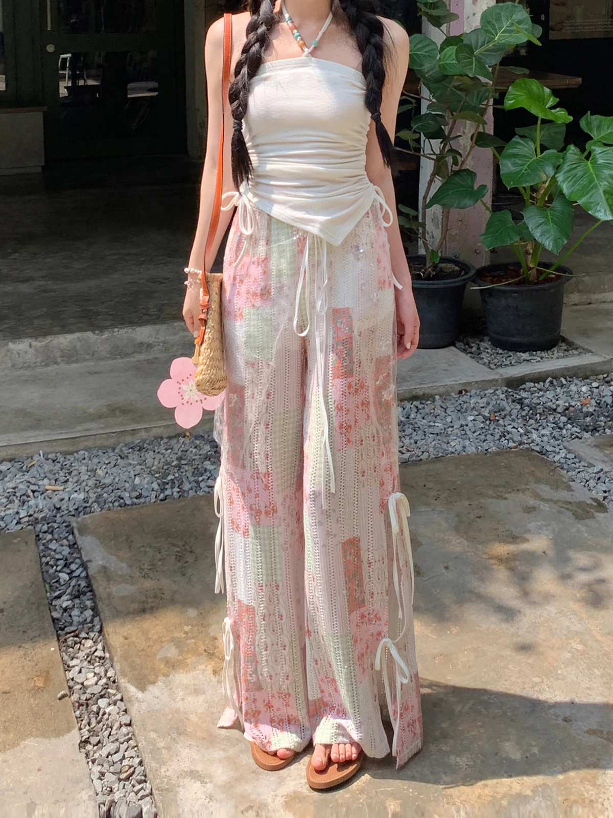 

Casual Loose Women's plus Size Patchwork Breathable Long Pants High Waist Flared Legs Summer Cotton Straight Leg Trousers