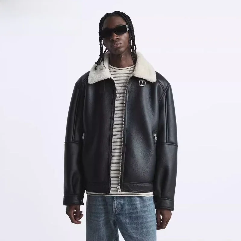 

Faionable Double-Sided Men's Jaet Loose Leather Simulation Outerwear Winter 2023 Casual Sle Youth Trend Autumn Long