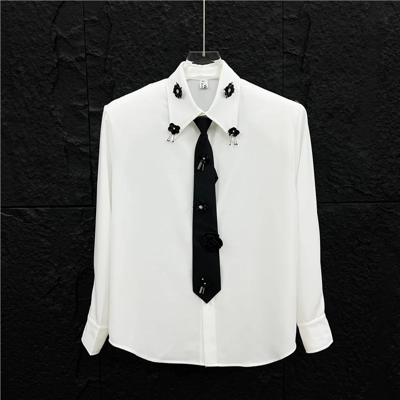 

Spring New Men's Flower Appliques Shirt French Casual Fashion Elegant Luxurious Design Solid Color Male Evening Dress Shirts