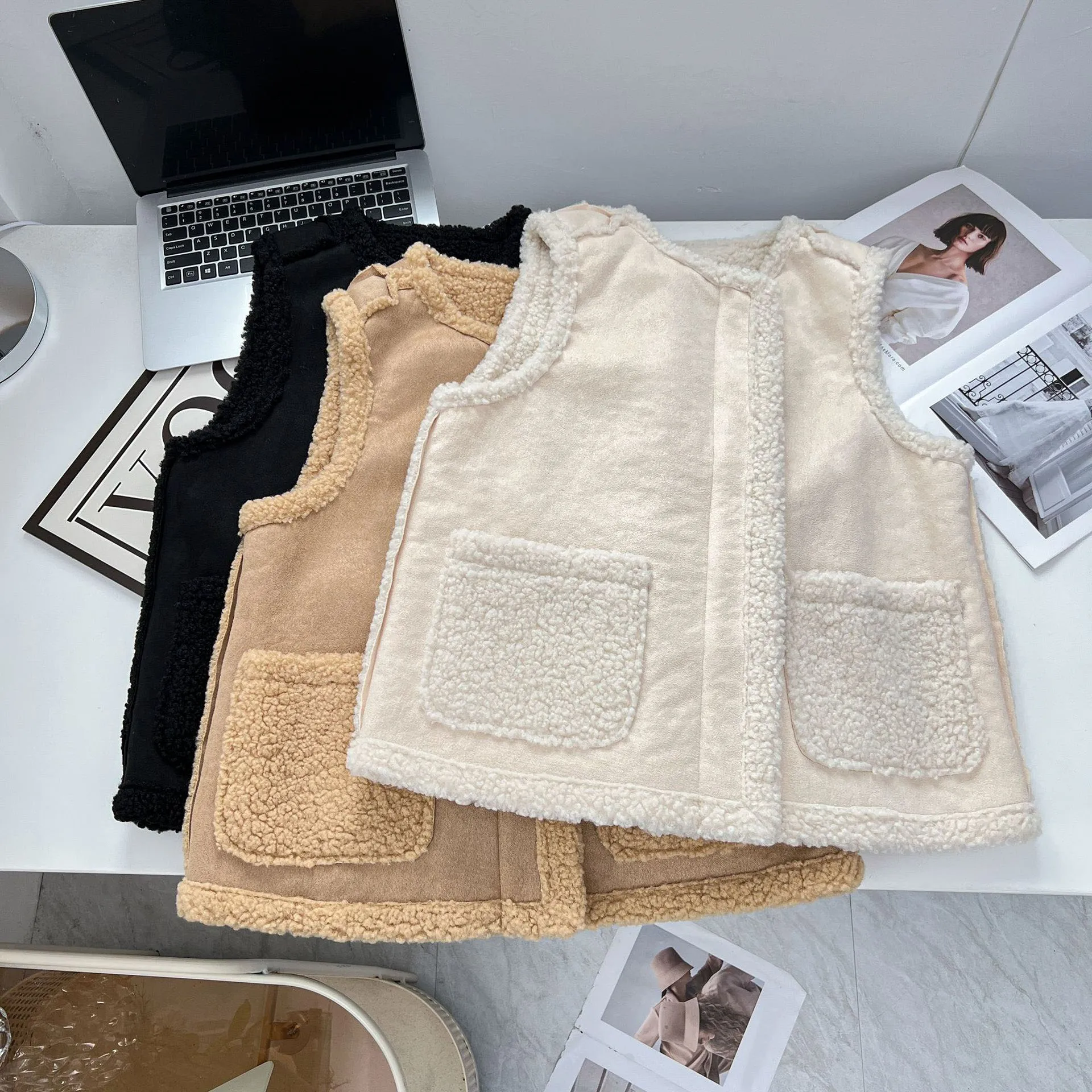 Autumn Winter 100kg Fashion Reversible Fleece-lined Jacket Plus Size Women's Casual Thick Polyester Sherpa Warm Zipper Vests