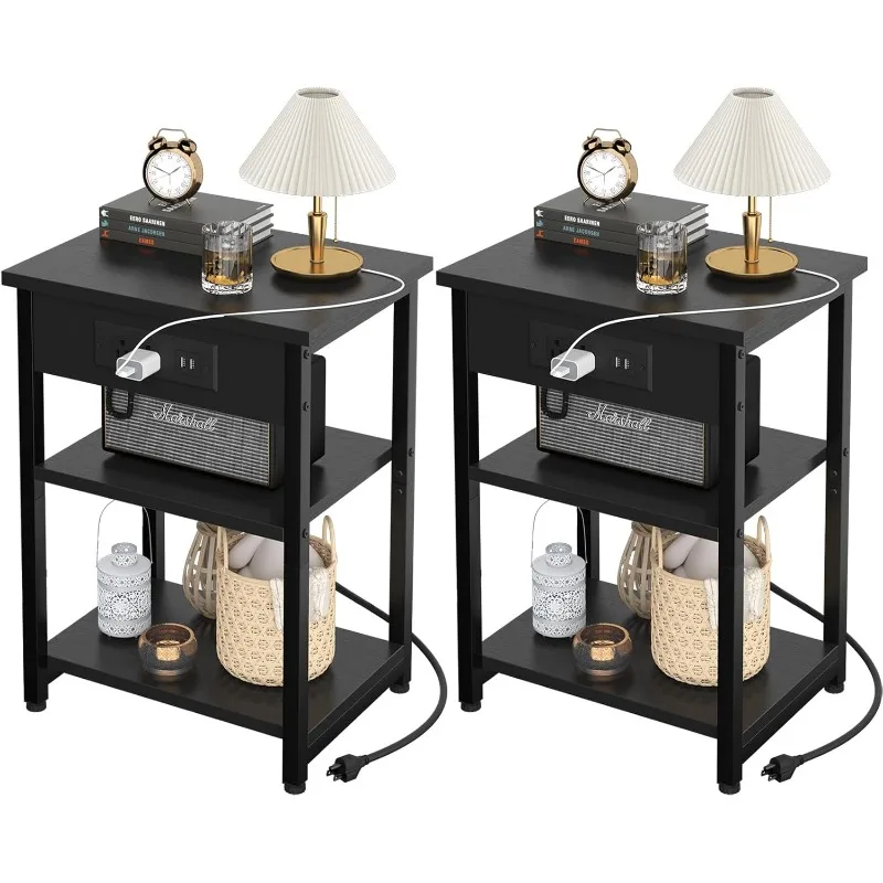 

2 Piece Side Table with Charging Station USB Port, 3-Tier Nightstand with Storage Shelves, Record Player Stand Narrow Side Table