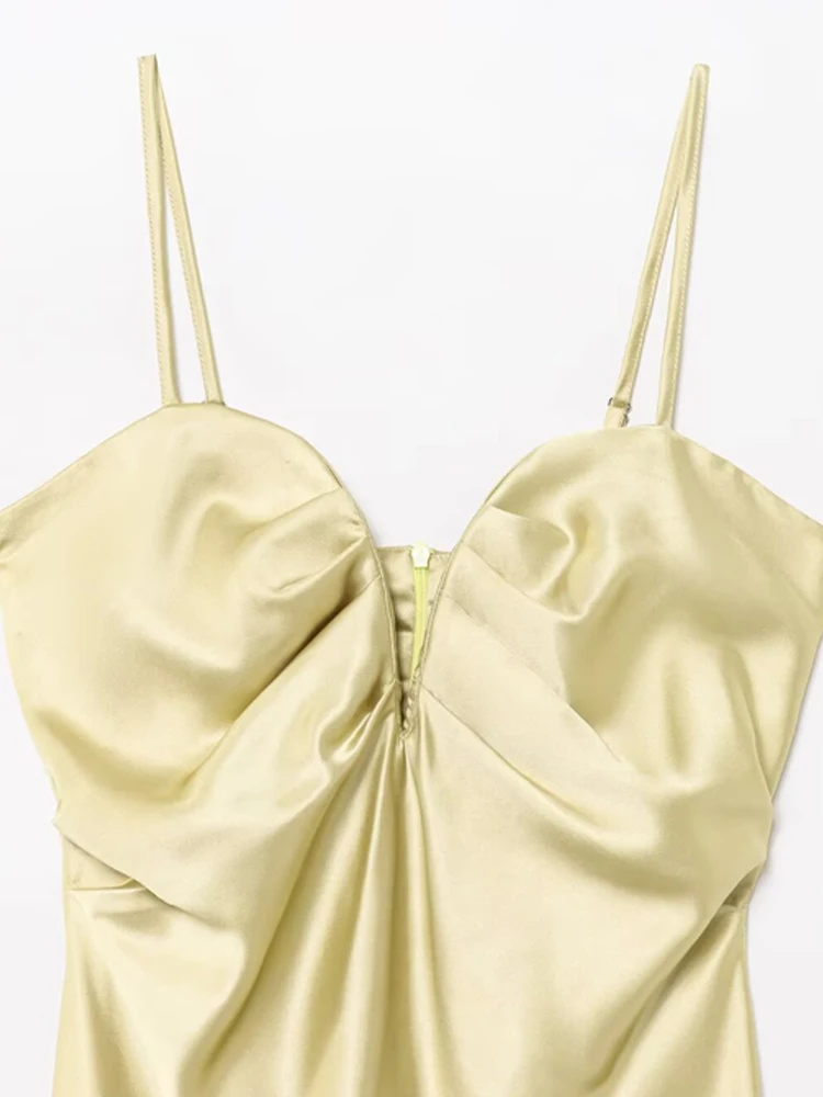 レディース サテン風プリーツミディドレス スウィートハートネック 細い調節可能なストラップ付き 女性用ファッショナブルなパーティードレス