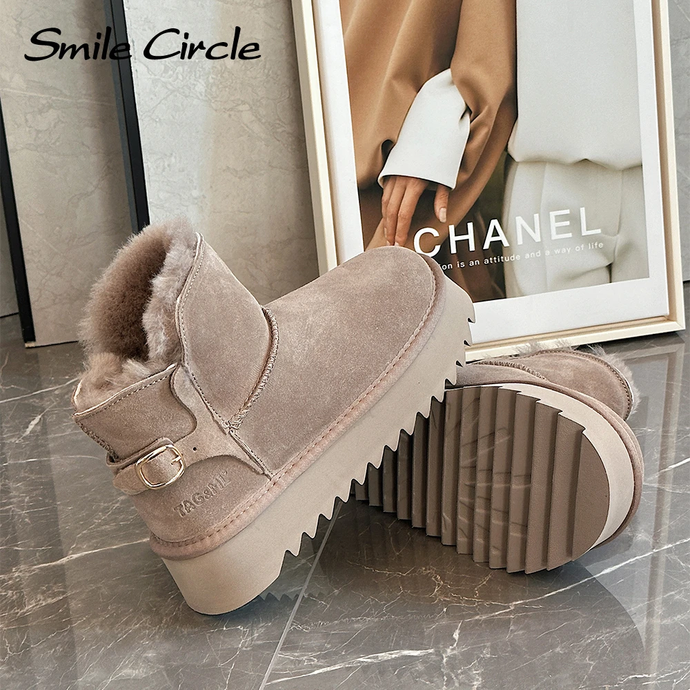 Smile Circle Women Snow Boots Suede Leather Wool Winter Boots Warming Casual Platform Boots