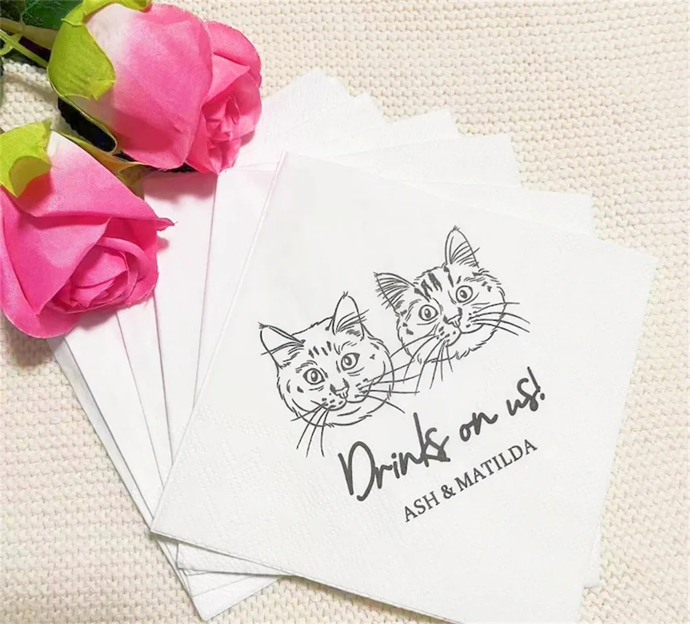 

50 PCS Custom Pet Portrait Wedding Napkins, Custom Illustrated Cat Cocktail Napkins, Personalized Dog Luncheon Napkins, Wedding