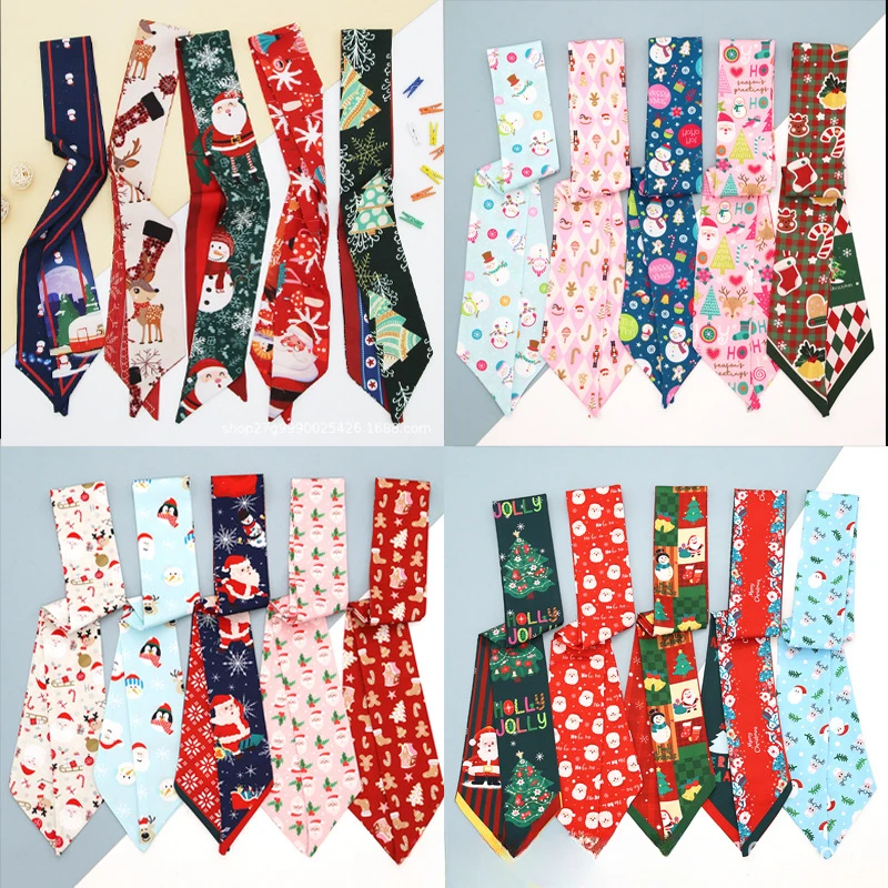 Christmas Series Long Versatile Silk Scarf Bow Streamer Strap Bag Gift Silk Scarf Ribbon Gift Box Strap