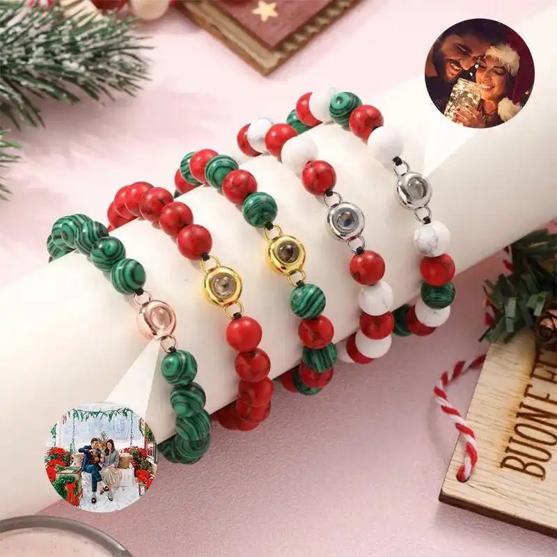 

Custom Turquoise Projection bracelet Natural stone beads Personalized Projection Photo Bracelets Anniversary Christmas gifts