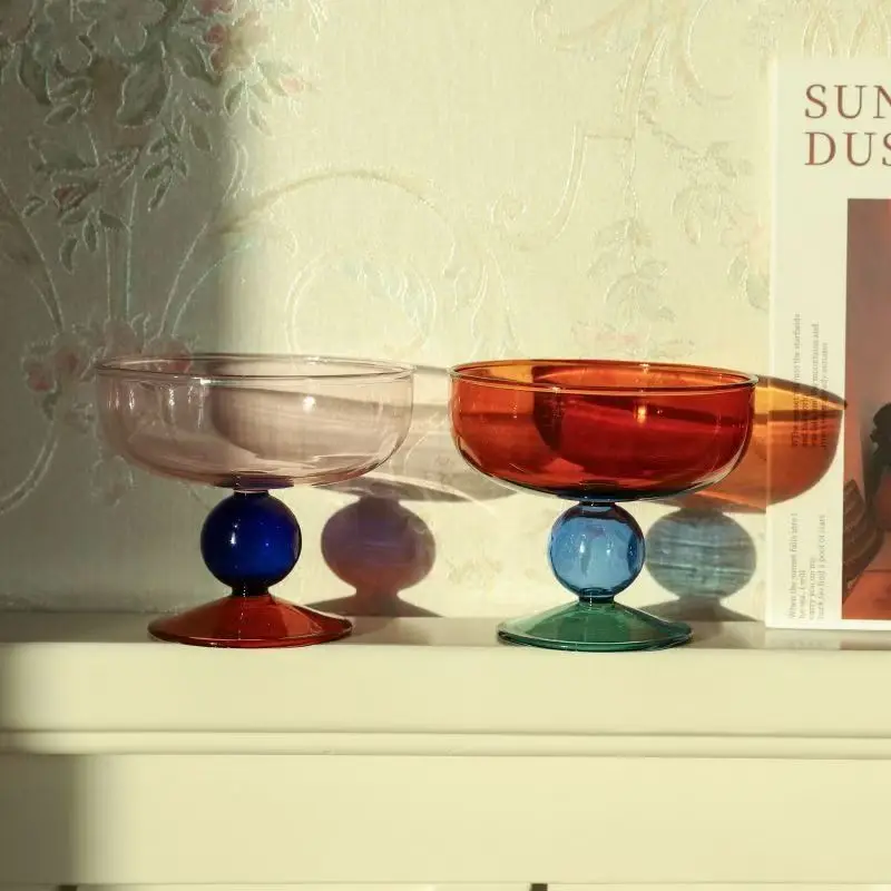 1 Piece Colourful Ice Cream Cup Amber Green Blue Grey Pink Ball Stemmed Dessert Pudding Glass Cup Salad Bowl Champange Saucer