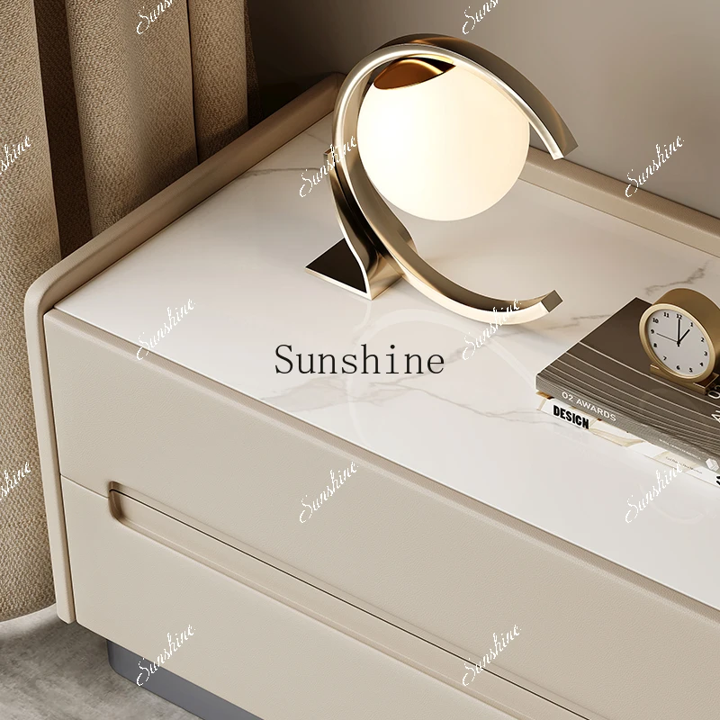 Light luxury Italian cream style large apartment bedside table solid wood rock slab leather locker  FT