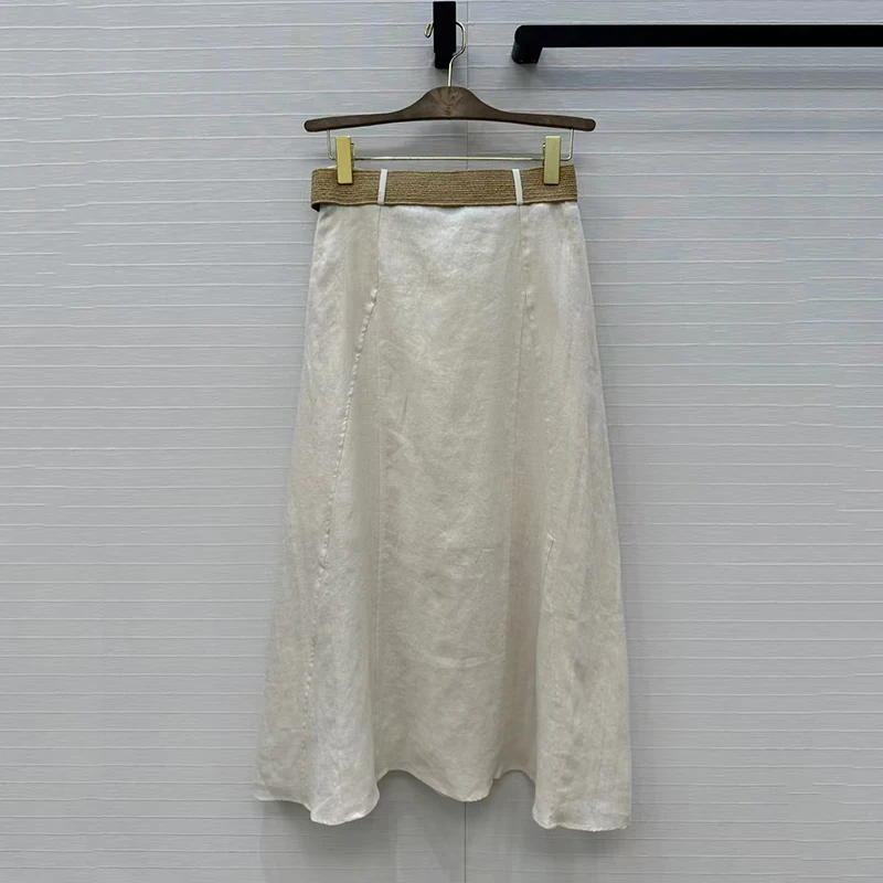 Falda de medio cuerpo de lino para mujer, falda larga con decoración de cinturón, falda acampanada de viajero a la moda, conjunto de chaqueta de alta calidad, verano, nuevo,