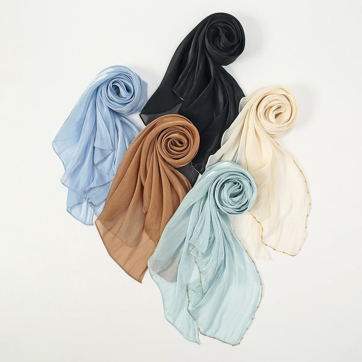 New Beading Silk Crinkle Hijab Scarf Women Shimmer Shawls Plain Muslim Women Hijabs Islam Turban Pleated Scarf Ramadan view 6