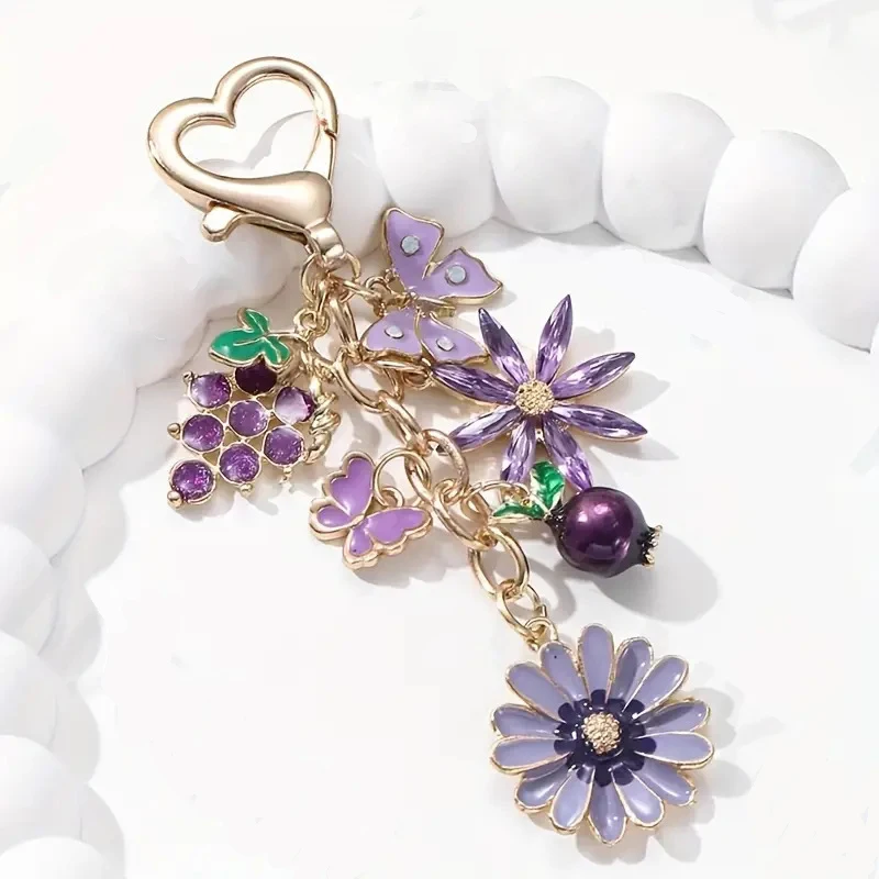 5 قطع المفاتيح الأرجواني زهرة العنب الرمان فراشة بالتنقيط النفط سلسلة لطيف اكسسوارات السيارات