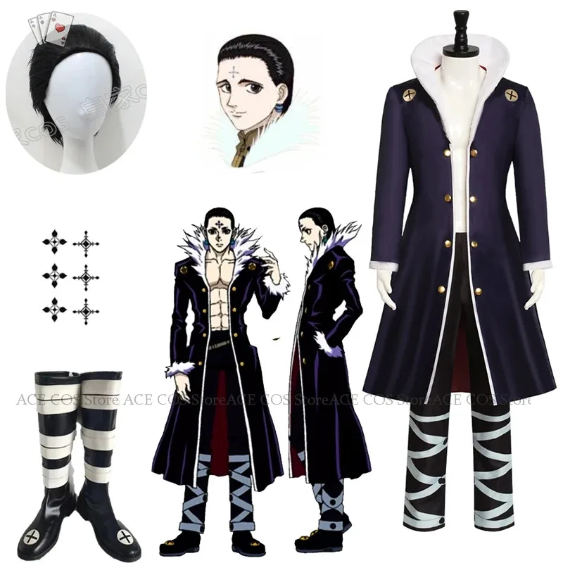 

Охотник HxH Chrollo Lucilfer, одежда для косплея Kuroro Rushirufuru, костюм, парик, ботинки, аниме, манга, черный плащ, одежда, наряд для зала