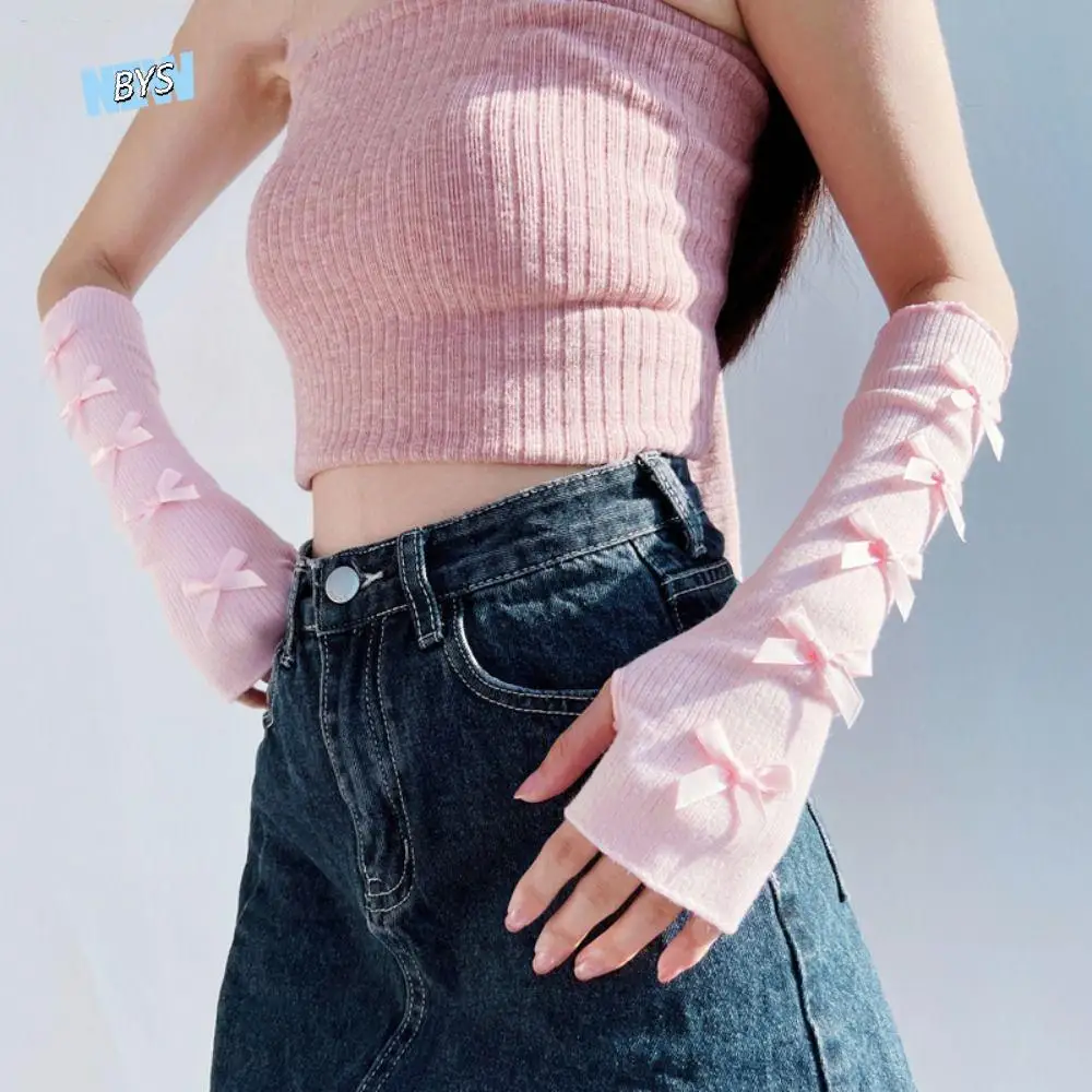

Elastic Y2K Warm Sleeves Bowknot Lolita Cosplay Bow Knitted Gloves Ballet Style Long Mittens Fingerless Arm Warmers JK
