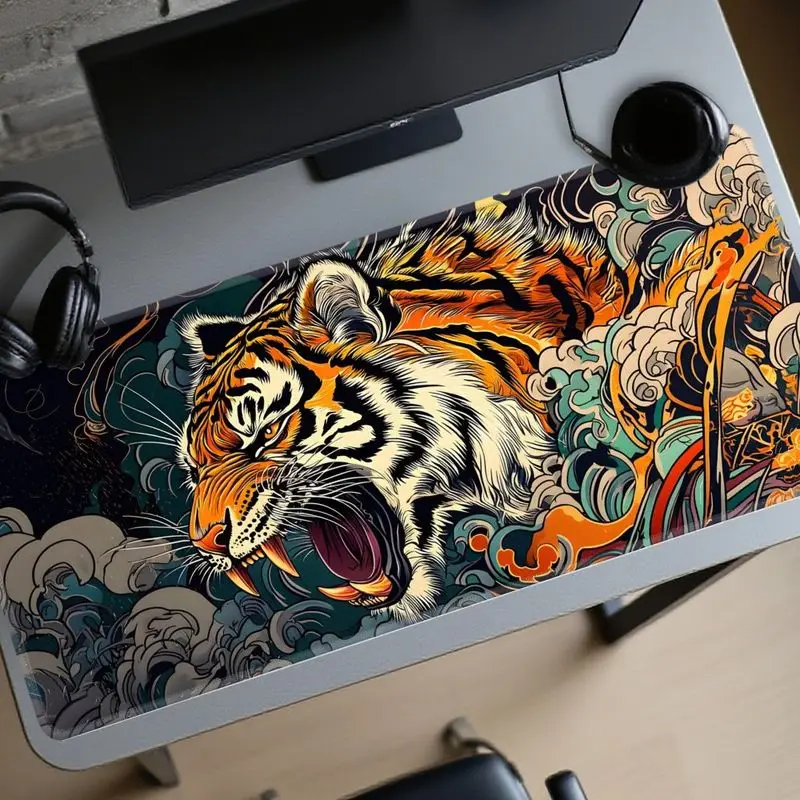 VIKAMA Roaring Tiger Desk Mat Non Slip Large Gaming Mouse Pad Oriental Cloud Wave Office Computer Decor Keyboard Mat